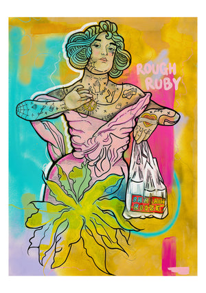 rough ruby painting art print woman holding carrier bag pink dress necklace tattoos 